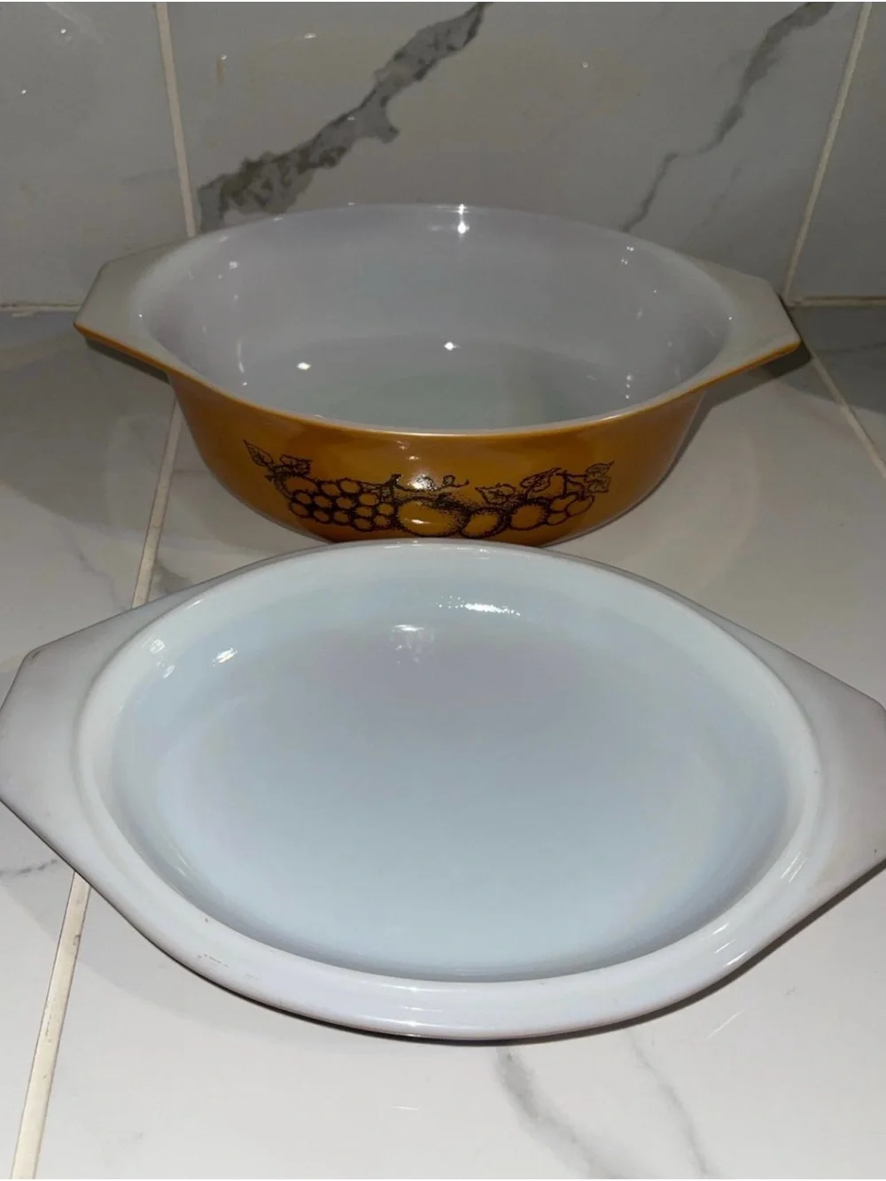 Pyrex Amber and Brown Covered Casserole with Fruit Motif